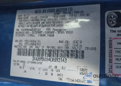 2012 Ford Fusion Se z USA, uszkodzony, nr VIN 3FAHP0HA4CR392163